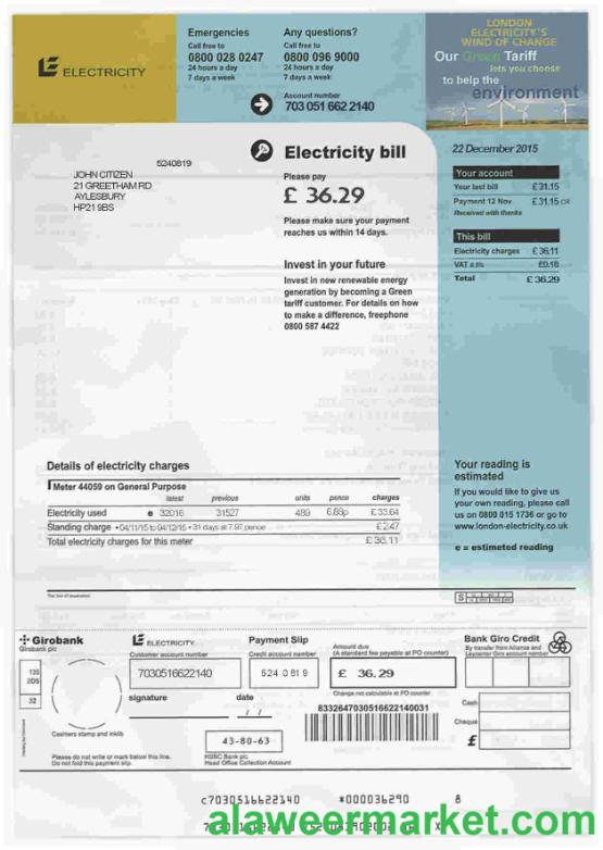 United Kingdom electricity utility bill template in PSD format